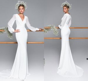 Modest Mermaid Wedding Dresses Summber Beach Long Sleeve 2020 Simple Chiffon Bridal Gowns Boho V Neck Sweep Train Robes De Mariee AL6470