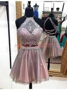 Sexy Two Pieces Lace Arabic Short Homecoming Dresses Backless 2019 Sleeveless African Short Prom Dress Cocktail Graduation Party Club Wear