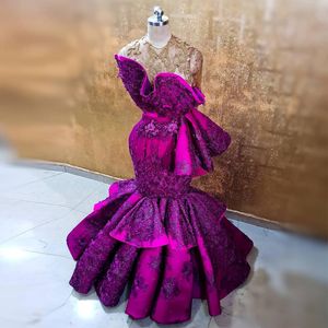 見事な紫色の人魚ビーズイブニングドレス