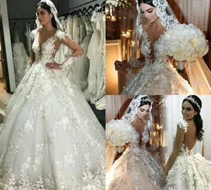 Luxury Ball Gown Wedding Dresses Lace Applique Sheer Jewel Neck Backless Sexy Country Wedding Gowns Long Sleeve Plus Size Bridal Dress 4484