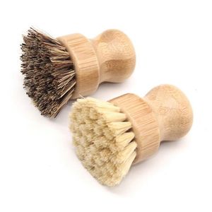 Spazzole per piatti Manico in legno Spazzole per pulizia Maniglia per palma in sisal Ciotola Pentola Spazzole Gadget da cucina Strumento LOGO personalizzato accettato MHY048