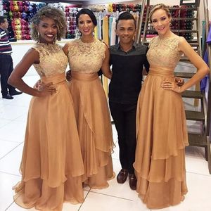 Champagne longos vestidos de dama de honra para rendas de casamento e chiffon permeu sem mangas de vestidos de honra sul africano barato dama de honra bd9040