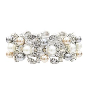 Brazaletes de boda nupcial brazalete de brazaletes de brazaletería Cristal Rhinestone Pearl hoja estiramiento encanto pulsera plata perla para mujeres regalos