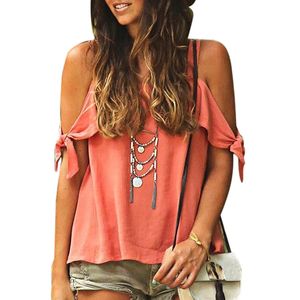 T-shirt feminina casual Moda de verão Sexy Tops Strap Off the ombre-pescoço de pêlo curto de manga curta Camisa solta para mulheres