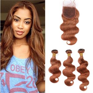 Medium Auburn Brazilian Body Wave Human Hair Weaves 3 Bundles with Closure #30 Light Brown Virgin Hair Extensions with Lace Closure 4x4"