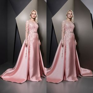 2019 Ziad Nakad Pink Prom Sukienki z odłączoną treningą klejnot szyi długie rękawy Aplikacje wieczorowe Suknia Specjalna specjalna sukienki OCN