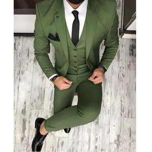 Olivgröna män kostymer hackat lapel groomsmen bröllop tuxedos för män blazer tre stycken formell prom kostym jacka pants208j