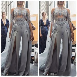 Silver Jewel Lace Aplikacje Długie Rękawy Kombinezon Dresses Dresses Split Front Formalne Vestidos de Party Party Suknie Specjalna okazja Suknia
