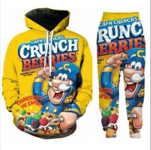 Yeni Erkekler / Bayan Gıda Crunch Çilek Komik 3D Baskı Moda Eşofman Crewneck Hip Hop Kazak ve Pantolon 2 Adet Set Hoodies TZ08