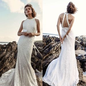 Hollow Powrót Płaszcza Suknie Ślubne Halter Bez Rękawów Cekiny Tulle Smoking Sweep Pociąg Vestidos de Novia