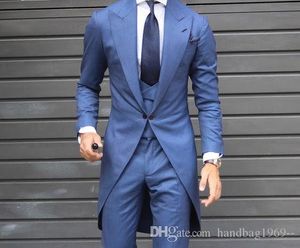 Najnowszy projekt One Button Blue Groom Tuxedos Peak Lapel Groomsmen Mens Wedding Garnitury 3 Sztuk Blazer (Kurtka + Spodnie + Kamizelka + Kierunek) K36