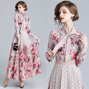 Fashion-2018 Fall Spring Runway Floral Print Ribbon Tie Collar Long Sleeve Empire Waist Dresses New Arrival Wholesale Women Ladies Casual