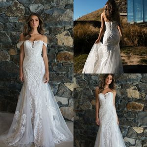 2019 spets sjöjungfru bröllopsklänningar från axelapplikationen Sweep Train Country Wedding Dress Custom Made Plus Size Vestidos de Novia