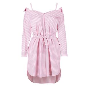 2019 Fall Autumn Pink Off Shoulder V Neck Striped Print Cotton Belted Panelled Knee-Length Dress Women Fashion Dresses O1021219M