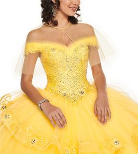 Tule amarelo fora do ombro vestido de baile quinceanera vestidos cristais flores miçangas multi-camadas vestido de baile de 15 anos2885