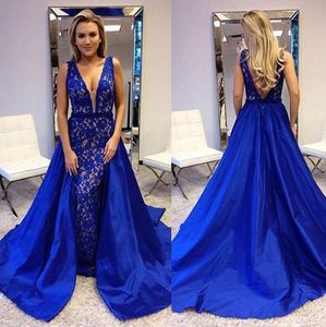 Royal Blue Lace Satin Prom Klänningar Långt avtagbart Tåg Sexig Deep V-Neck Beaded Sashes Klänningar Kväll Wear Wear Party Formell Dress 2019