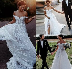 لبوهيميان فساتين الزفاف على خط الزفاف قبالة الدانتيل 3D الأزهار الأزهار خط الشاطئ ، فستان زفاف فستان ، قطار رخيصة Bhoh الزفاف
