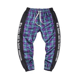 Mens byxor Streetwear Plaidbyxor Joggare Mens Patchwork Blå Sweatpants Ankel-Length Bomull Hip Hop Track Pants Byxor