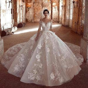 Luxury Arabic Dubai Wedding Dresses Sheer Neck Sweep Train 3D Floral Appliqued Beaded Garden Long Sleeves Wedding Gowns