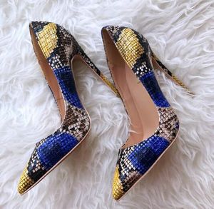 熱い販売 - 新しい女性の靴のポンプスペル印刷された蛇紋岩のハイヒールのセクシーな蛇の皮が尖ったつま先スティレットヒール女性のドレスパーティーの靴