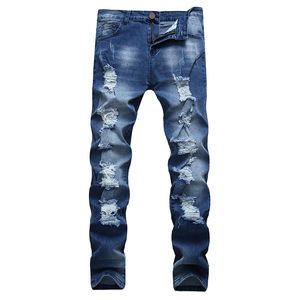 Men Casual jeans Ripped denim Pants Slim Knee Holes Scratched Distroyed Bleached Elastic High Quality Plus size 40 42