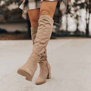 oeak 여성 무릎 - 높은 부츠 레이스 최대 섹시 하이힐 여성 신발 레이스 위로 겨울 부츠 따뜻한 크기 35-43 2019 패션