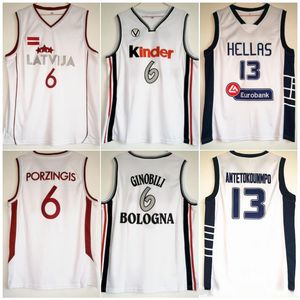 #13 Giannis Antetokounmpo Hellas Jersey #6 Manu Ginobili Kinder Basketball Jerseys Liga Europeia #6 Kristaps Porzingis Latvija Shirt
