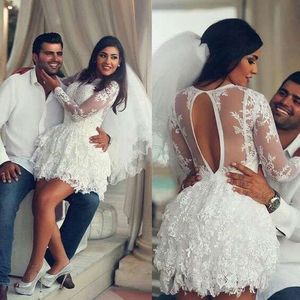 Plus Size Three Layers Overskirt Short Wedding Dresses South African Women Poet Long Sleeve Lace Keyhole Backless Party Dress For Bride