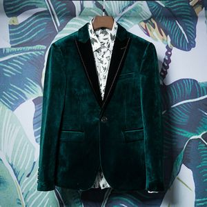 Koyu Yeşil Erkek Kadife Blazers Suits Bir Düğme Damat Parti Düğün Smokin Slim Fit Erkekler Yemeği Takım Elbise Ceket Balo Resmi giymek