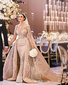 Vintage długie rękawy koronkowe sukienki ślubne syreny wysoka szyja z koraliki na spódnice pociąg arabski suknie ślubne