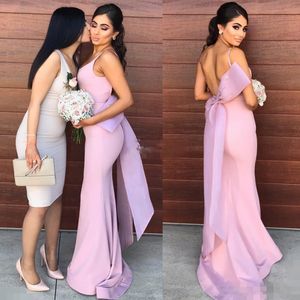 Dusty Rosa Backless Brautjungfer Kleider Lange Spaghetti Riemen Große Bogen Meerjungfrau Party Kleid Satin Mid of Ehre Ehiling Guest Kleid Formale Prom