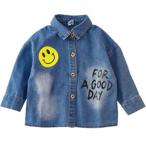 Pojkar tjejer långärmad denim skjorta blusar mode barn baby våren fall knapp upp bomull tecknad leende kläder 1y-5y blå