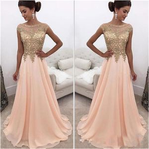 2020 Arab Evening Gowns A Line Formal Wear Sheer Scoop Neck Chiffon Long Prom Dresses With Gold Applique Beads