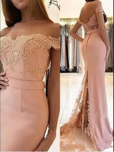 New Sexy African Mermaid Long Prom Dresses Off Shoulder Appliques Lace Blush Pink Sweep Train Backless Formal Party Dress Evening Gowns