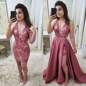 In Two One Sexy Sheath Dresses With Detachable Train V Neck Appliques 3D Floral Applique Mini Dress Tail Prom Evening Gowns Tra Mi Eveng