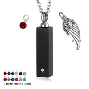 Ängelvinge med 12 stycken Birthstone Pendant Charm Bar Memorial Urn Halsband Cremation Ashes Smycken Keepsake (Svart)