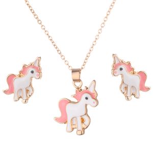 Wholesale cartoon pink girl hot for sale - Group buy Hot new Necklace Earrings Cartoon Horse Unicorn Necklace Earring Jewelry Pink Girls Gift Jewelry WCW206