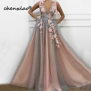 ピンクのVネックダイヤモンドの真珠のセクシーなイブニングドレス手作りの花ノースリーブチュールイ​​ブニングドレス2019