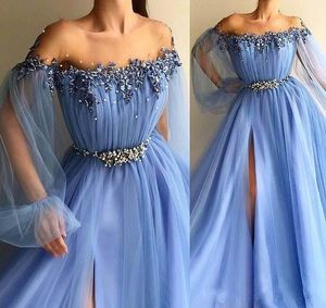 2020 Sexy Sky Blue Evening Dresses Wear Illusion Neck Off Shoulder A Line Side Split Sashes Beaded Tulle Backless Custom Party Prom Gowns