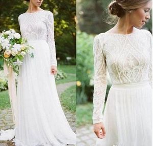 Mode Country Boho Bröllopsklänningar Lace Backless Beach Bröllopsklänning med långärmad Top Illusion ForSt Garden Brudklänningar 2019 Billiga