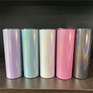 20oz glitter sublimering mager tumbler rostfritt stål gnistrande rak mager kopp dubbel muromgärdad vakuumisolerad skimmer dricka flaskkaffe mugg 6 färger bes