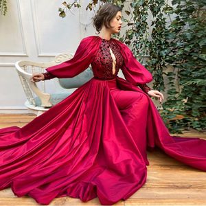 Attractive Sequined Long Sleeves Prom Dresses With Detachable Train Plunging Neck Beaded Evening Gowns Plus Size Taffeta Formal Dress 407