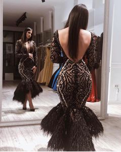 Luxury Mermaid Feather Backless Evening Dresses Deep V Neck Long Sleeves Prom Gowns Beaded High Low Sequined Formal Dress
