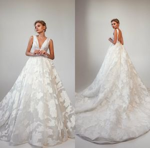 2020 rückenfreie Brautkleider mit V-Ausschnitt, elegantes, ärmelloses, bedrucktes Brautkleid, A-Linie, nach Maß, Hofschleppe, gerafftes Brautkleid