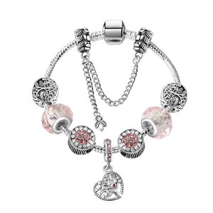 Pink Bracelets Bangles Pandor Heart Life Tree Pendant 925 Silver Snake Chain Bracelet Fashion Crystal Beads Charm Jewelry for Women Girls