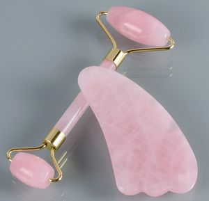 2 em 1 Jade Roller Gua Sha Conjunto incluiu 100 Roller facial de quartzo rosa real real e ferramenta de massagem Gua Sha