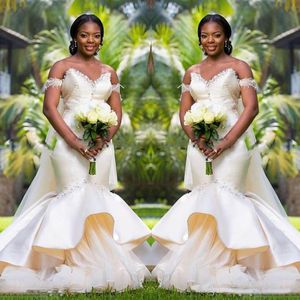 Nigeria Off Shoulder Wedding Dresses Ivory Satin Ruched Mermaid Bridal Gowns Lace Appliques Tulle Sweep Train Wedding Vestidos