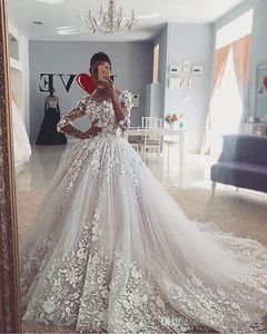 Luksusowe Koronkowe Suknie Ślubne Linia Bateau Neck Księżniczka Aplikacja Plus Size Suknie Ślubne Z Długim Rękawem Robe de Mariage