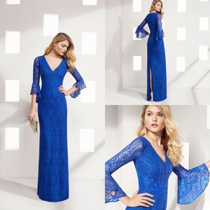 Abiti da sera blu royal modesti Abiti da sposo eleganti per la madre della sposa in pizzo trasparente Abiti da festa arabi formali Lunghezza del pavimento