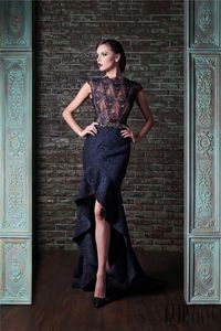 Rami Kadi High Low Lace Dresses Evening Wear Mermaid Sheer Bateau Neck Evening Gowns Navy Blue Formal Dress With Beaded Sash